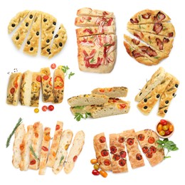 Image of Cut traditional focaccia with different toppings on white background, collage