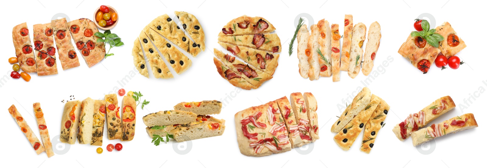 Cut traditional focaccia with different toppings on white background, collage Image of Cut traditional focaccia with different toppings on white background, collage