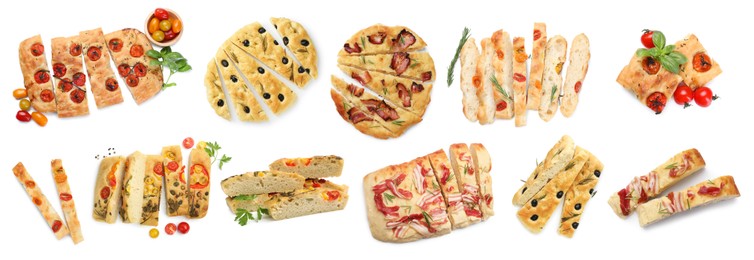 Image of Cut traditional focaccia with different toppings on white background, collage