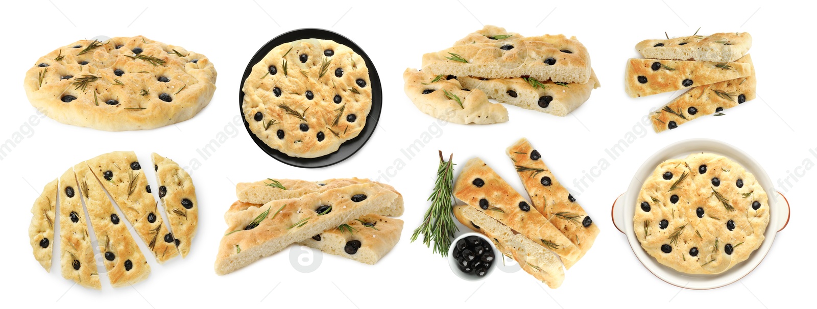 Delicious focaccia with olives and rosemary isolated on white, collage Image of Delicious focaccia with olives and rosemary isolated on white, collage