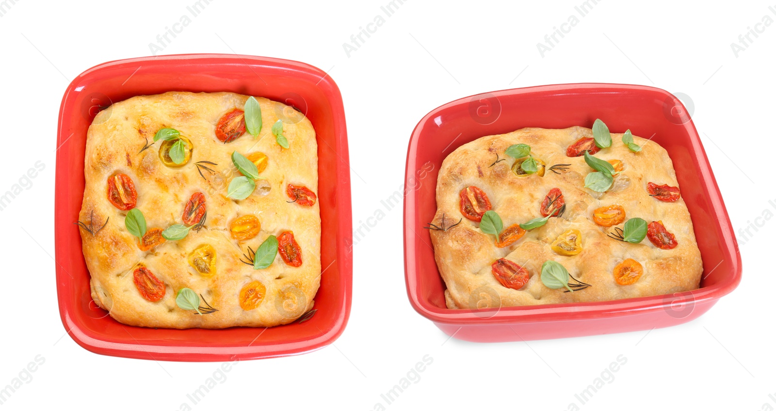 Image of Delicious focaccia with tomatoes and spices in baking dish isolated on white, collage. Top and side view