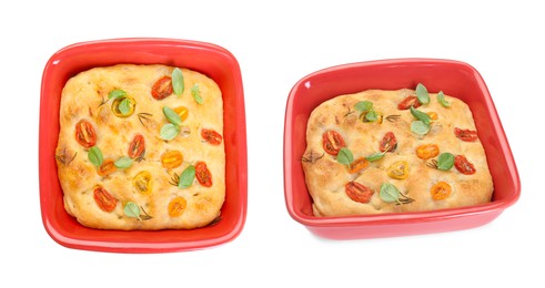 Image of Delicious focaccia with tomatoes and spices in baking dish isolated on white, collage. Top and side view