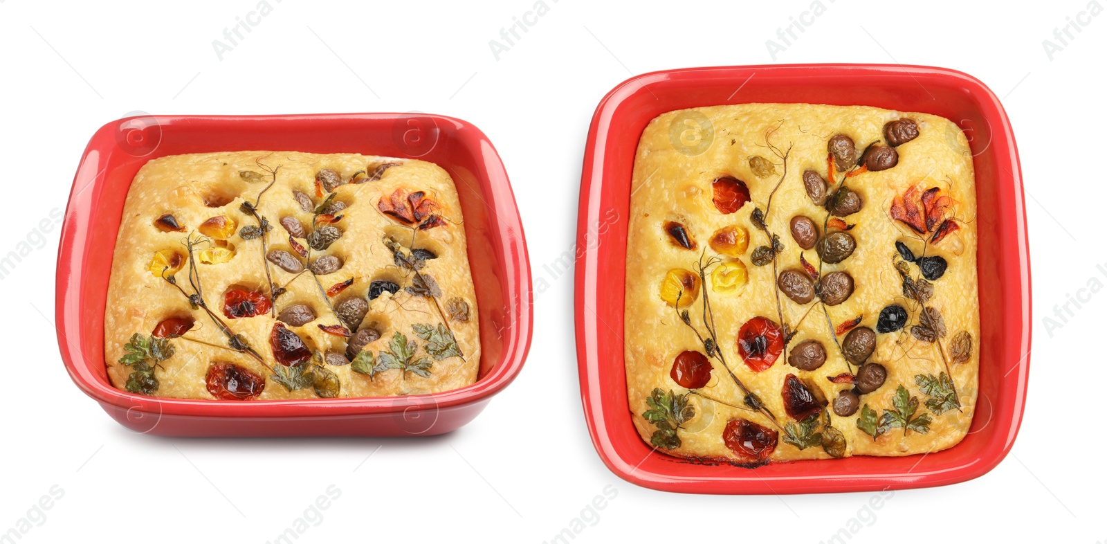 Delicious focaccia with flowers made of vegetables isolated on white, collage. Top and side view Image of Delicious focaccia with flowers made of vegetables isolated on white, collage. Top and side view
