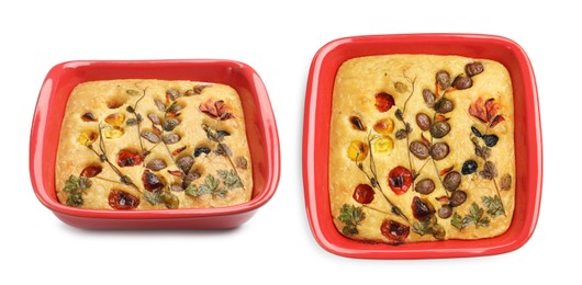 Image of Delicious focaccia with flowers made of vegetables isolated on white, collage. Top and side view