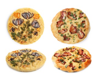 Image of Traditional focaccia with different toppings on white background, collage. Top and side view