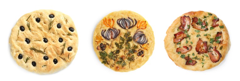 Image of Traditional focaccia with different toppings on white background, collage. Top view