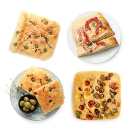 Image of Traditional focaccia with different toppings on white background, collage. Top view