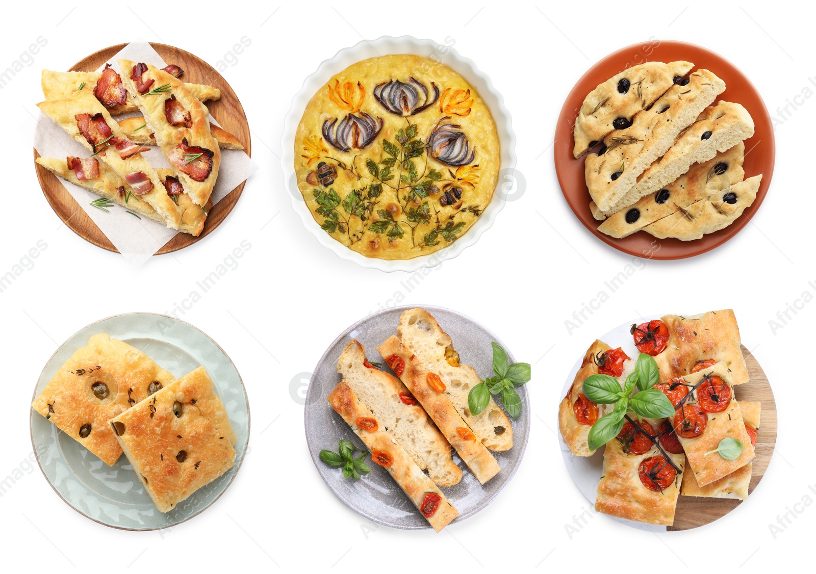 Traditional focaccia with different toppings on white background, collage. Top view Image of Traditional focaccia with different toppings on white background, collage. Top view