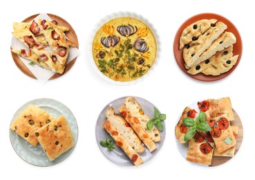 Image of Traditional focaccia with different toppings on white background, collage. Top view