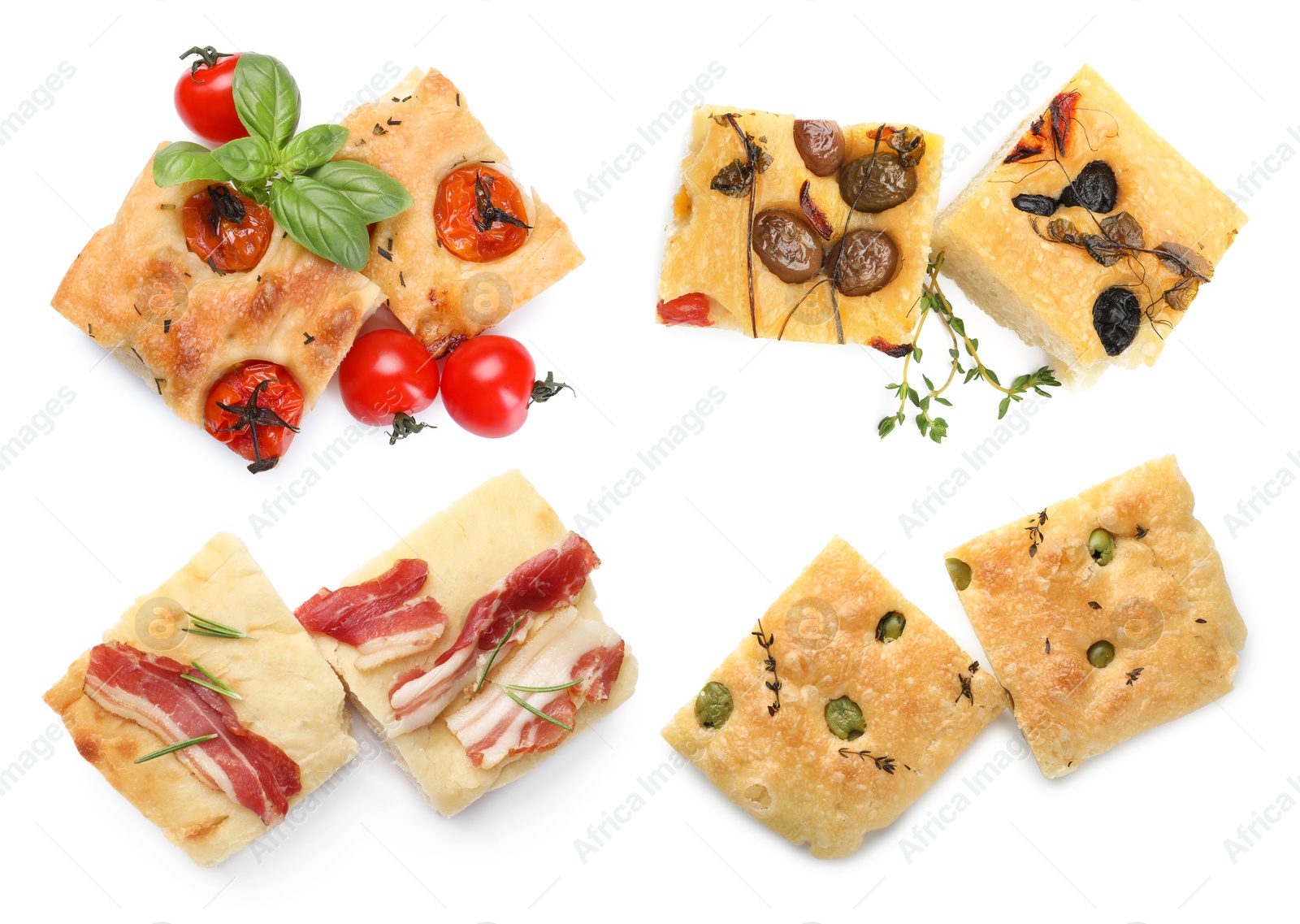 Pieces of focaccia with different toppings isolated on white, collage. Top view Image of Pieces of focaccia with different toppings isolated on white, collage. Top view