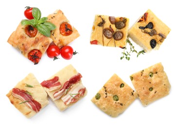 Image of Pieces of focaccia with different toppings isolated on white, collage. Top view