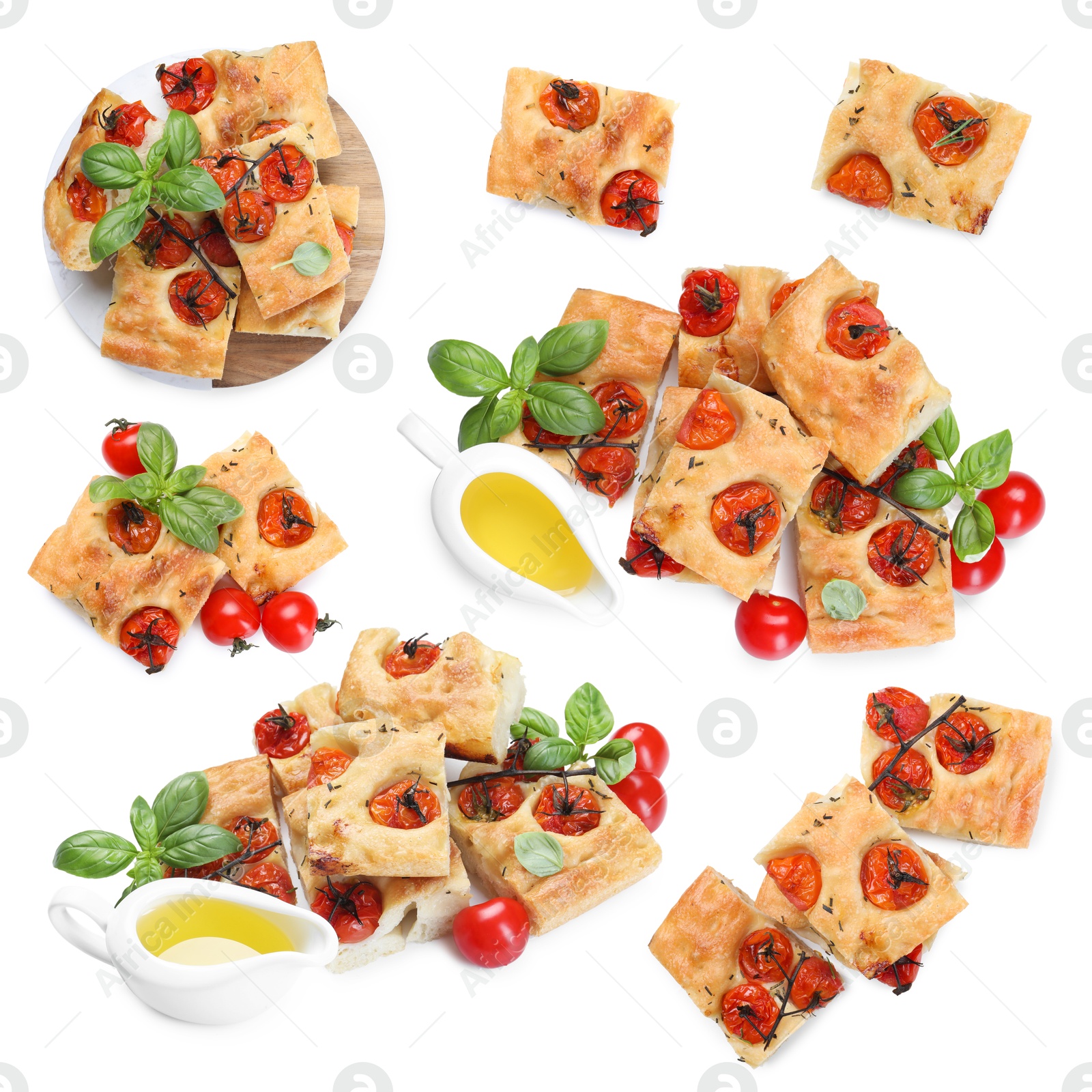 Pieces of delicious focaccia with tomatoes, spices and oil isolated on white, collage Image of Pieces of delicious focaccia with tomatoes, spices and oil isolated on white, collage