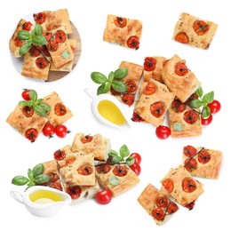 Image of Pieces of delicious focaccia with tomatoes, spices and oil isolated on white, collage