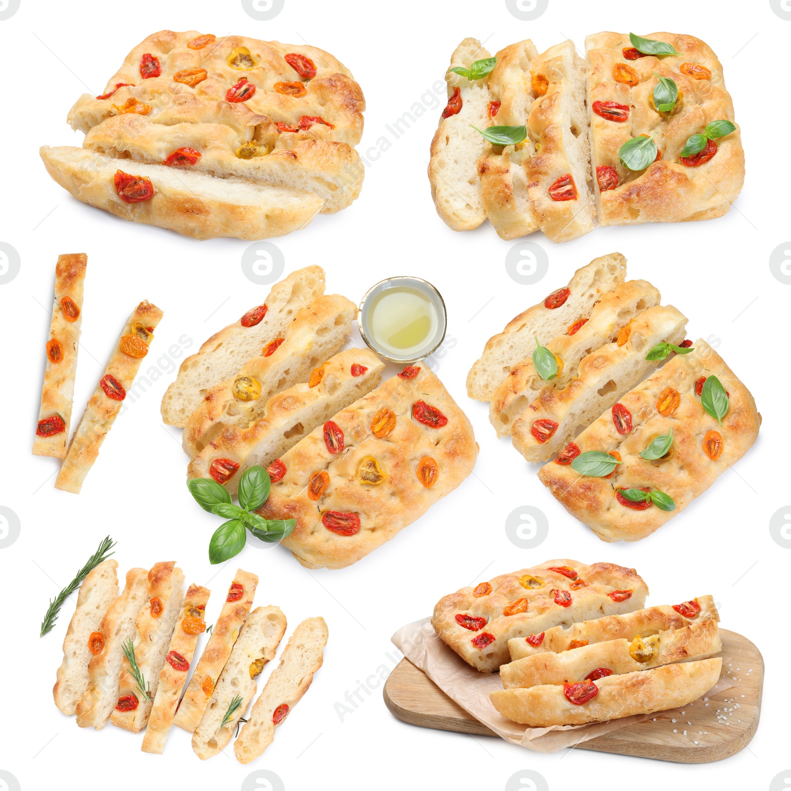 Image of Cut delicious focaccia with tomatoes and basil isolated on white, collage