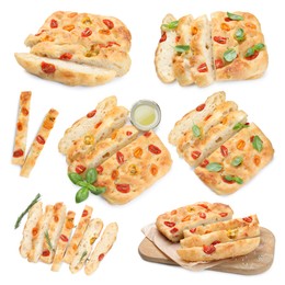 Image of Cut delicious focaccia with tomatoes and basil isolated on white, collage