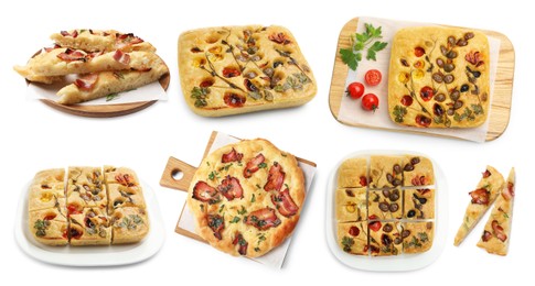 Image of Tasty focaccia with different toppings on white background, collage