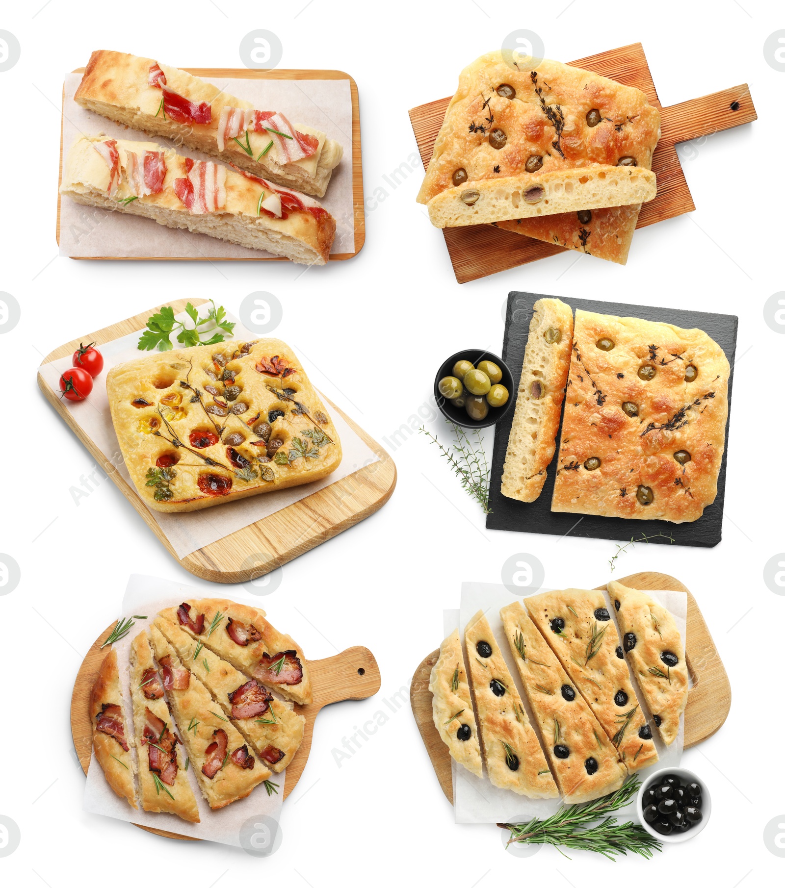 Tasty focaccia with different toppings on white background, collage Image of Tasty focaccia with different toppings on white background, collage