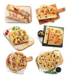 Image of Tasty focaccia with different toppings on white background, collage