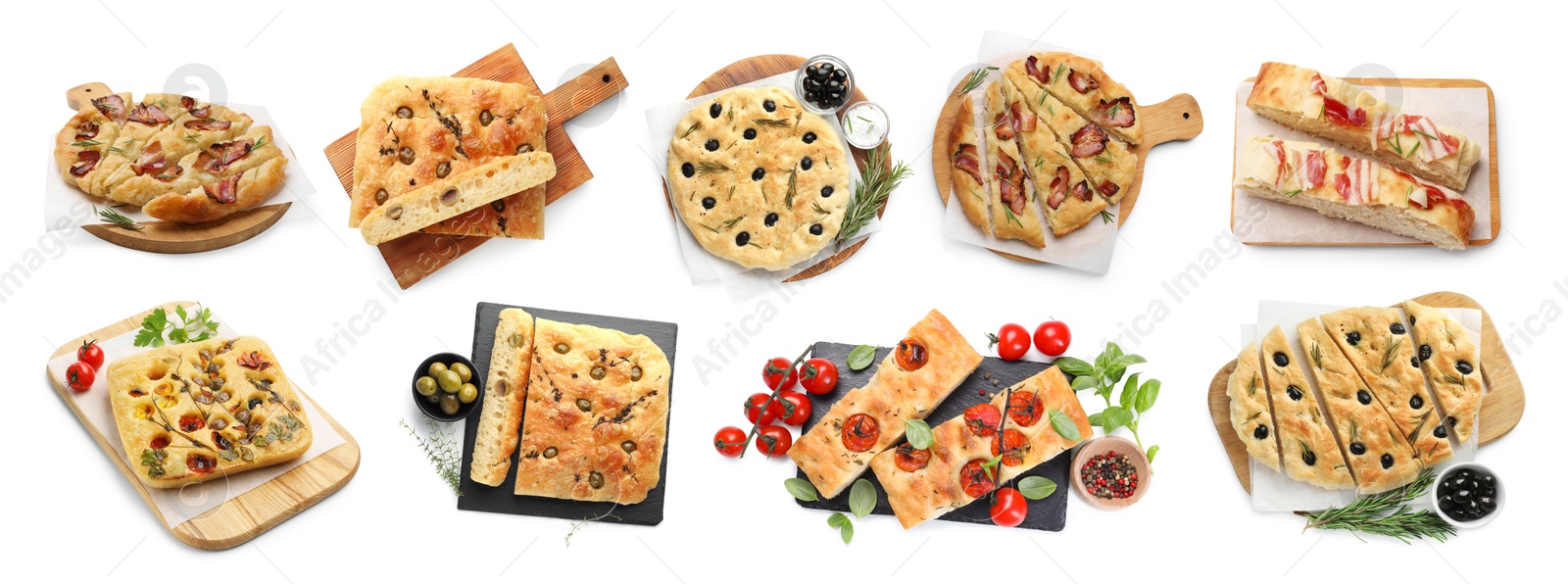 Tasty focaccia with different toppings on white background, collage Image of Tasty focaccia with different toppings on white background, collage