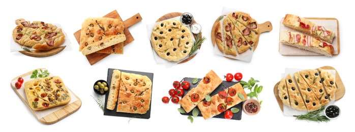 Image of Tasty focaccia with different toppings on white background, collage