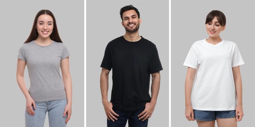 Image of People in different t-shirts against grey background. Mockup for design