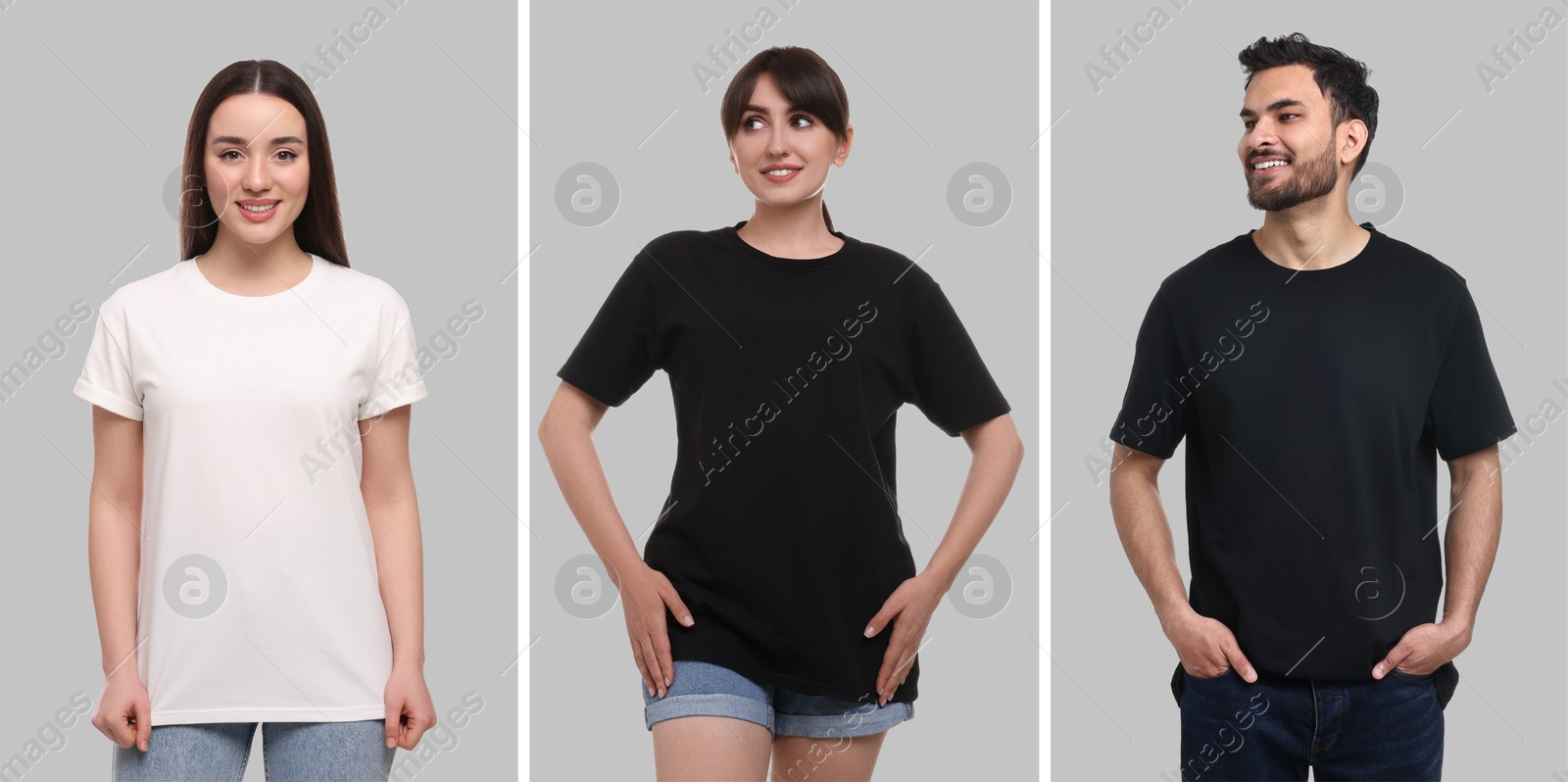 Image of People in different t-shirts against grey background. Mockup for design