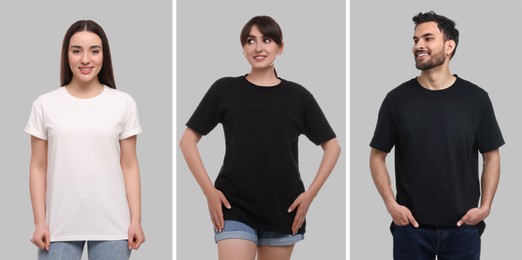 Image of People in different t-shirts against grey background. Mockup for design