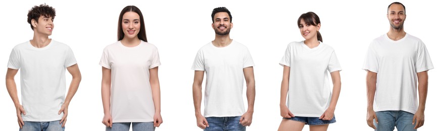 Image of Different people in white t-shirts against white background. Mockup for design
