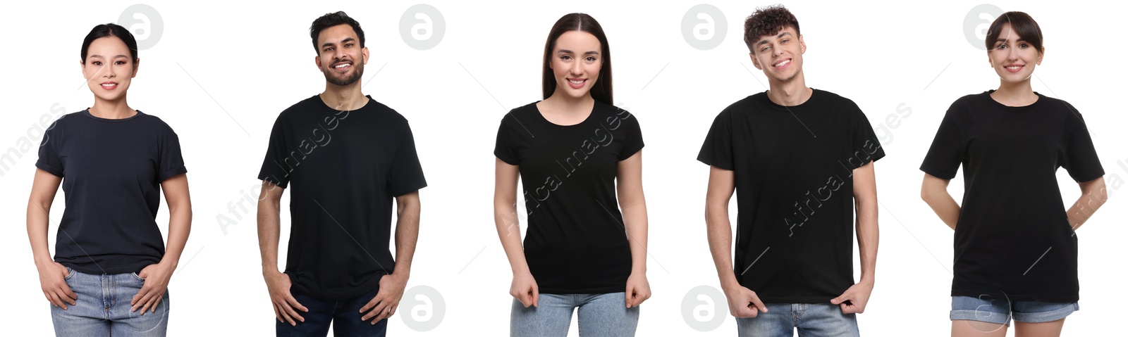 Image of Different people in black t-shirts against white background. Mockup for design