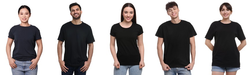 Image of Different people in black t-shirts against white background. Mockup for design