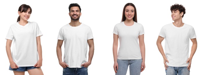 Image of Different people in white t-shirts against white background. Mockup for design