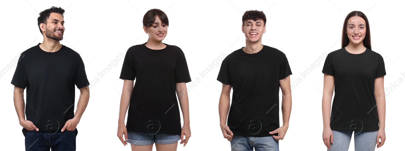 Image of Different people in black t-shirts against white background. Mockup for design