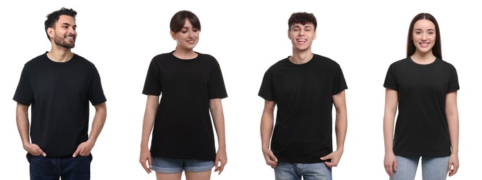 Image of Different people in black t-shirts against white background. Mockup for design