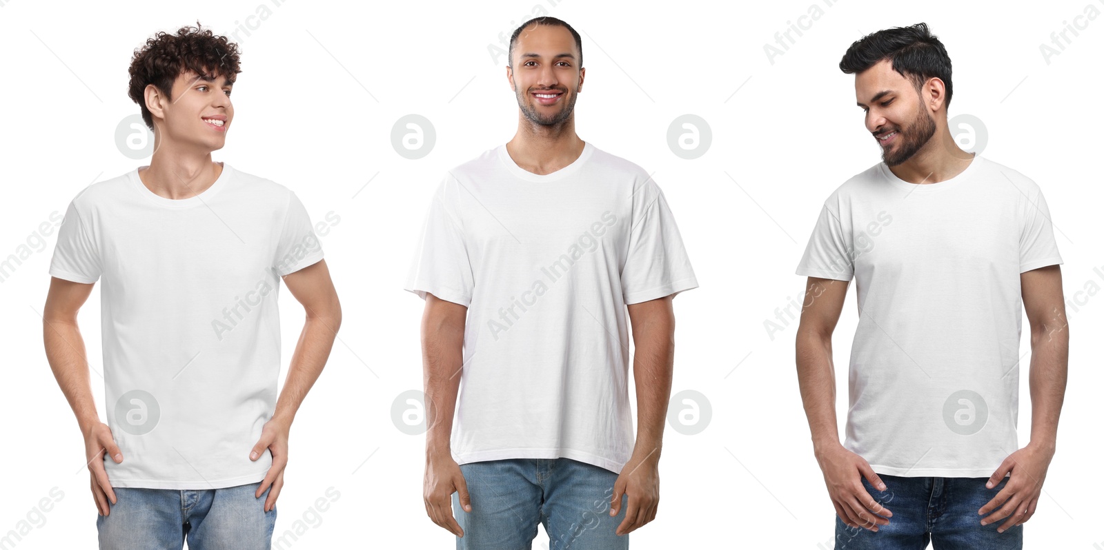 Men in white t-shirts against white background. Mockup for design Image of Men in white t-shirts against white background. Mockup for design