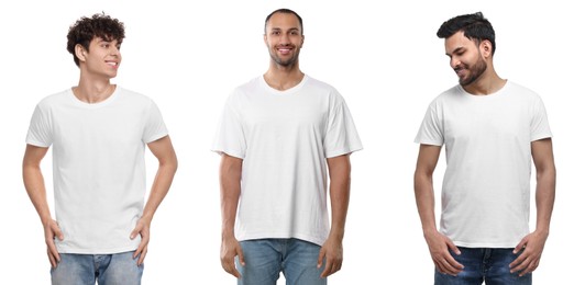 Image of Men in white t-shirts against white background. Mockup for design