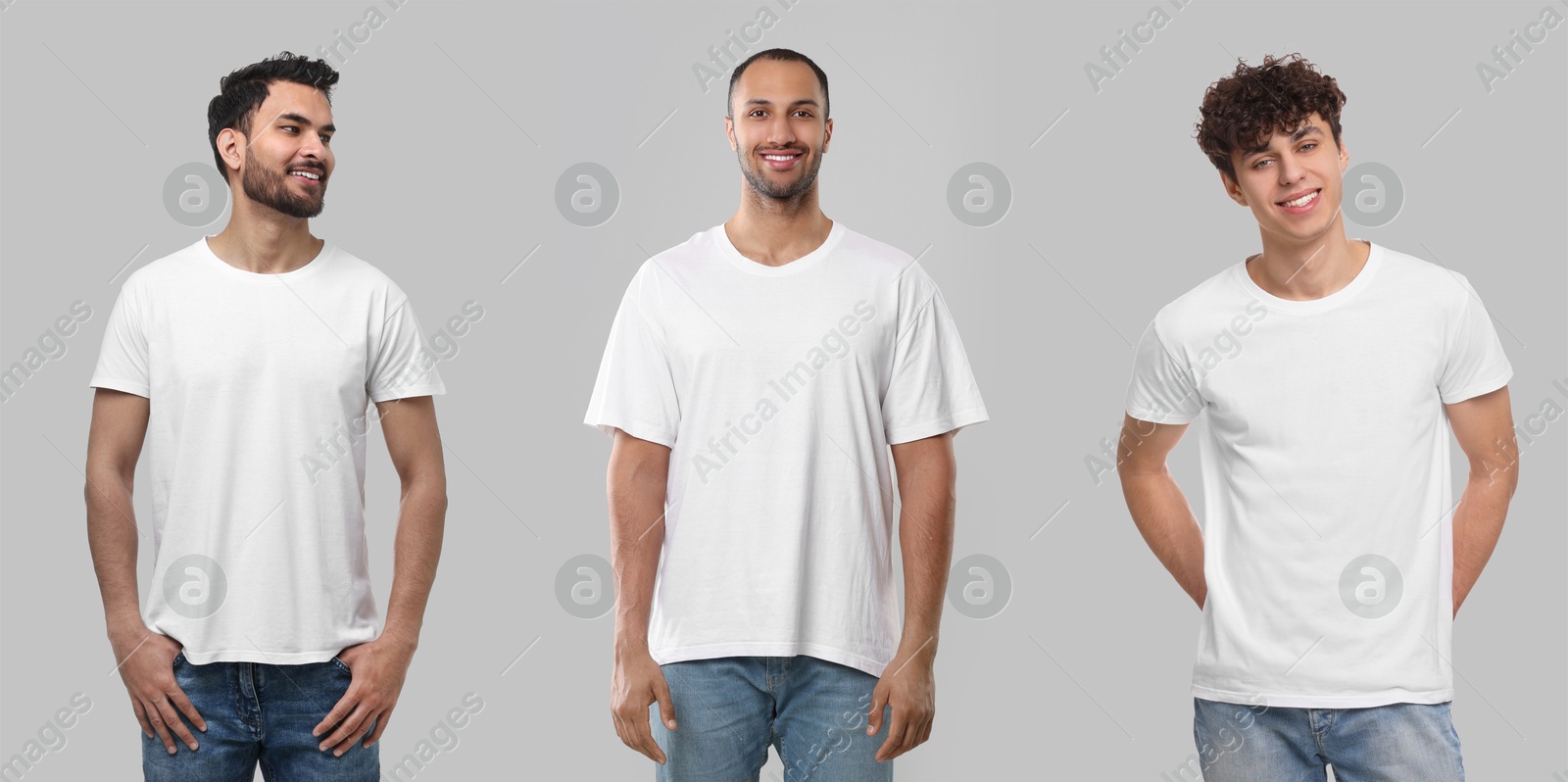 Image of Men in white t-shirts against grey background. Mockup for design