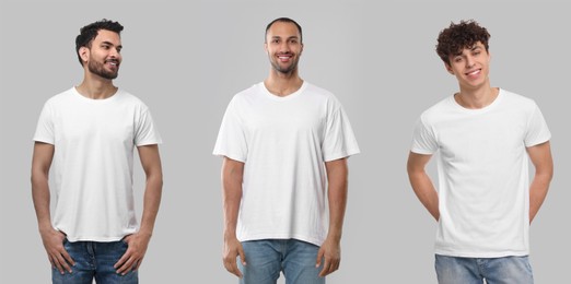 Image of Men in white t-shirts against grey background. Mockup for design