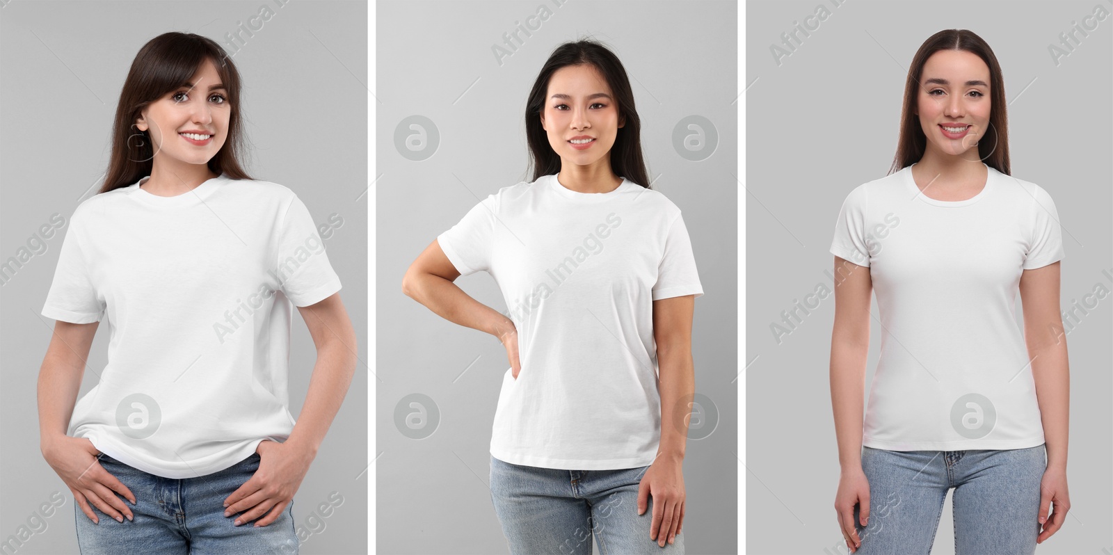 Women in white t-shirts against grey background. Mockup for design Image of Women in white t-shirts against grey background. Mockup for design