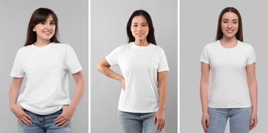 Image of Women in white t-shirts against grey background. Mockup for design