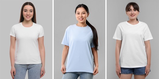 Image of Women in different t-shirts against grey background. Mockup for design