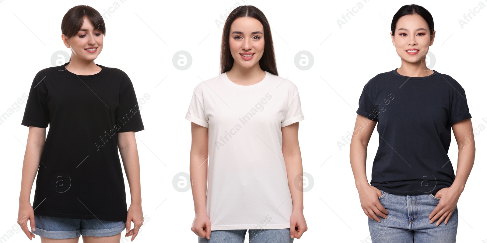 Image of Women in different t-shirts on white background. Mockup for design