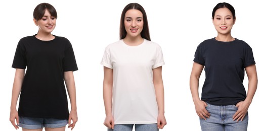 Image of Women in different t-shirts on white background. Mockup for design