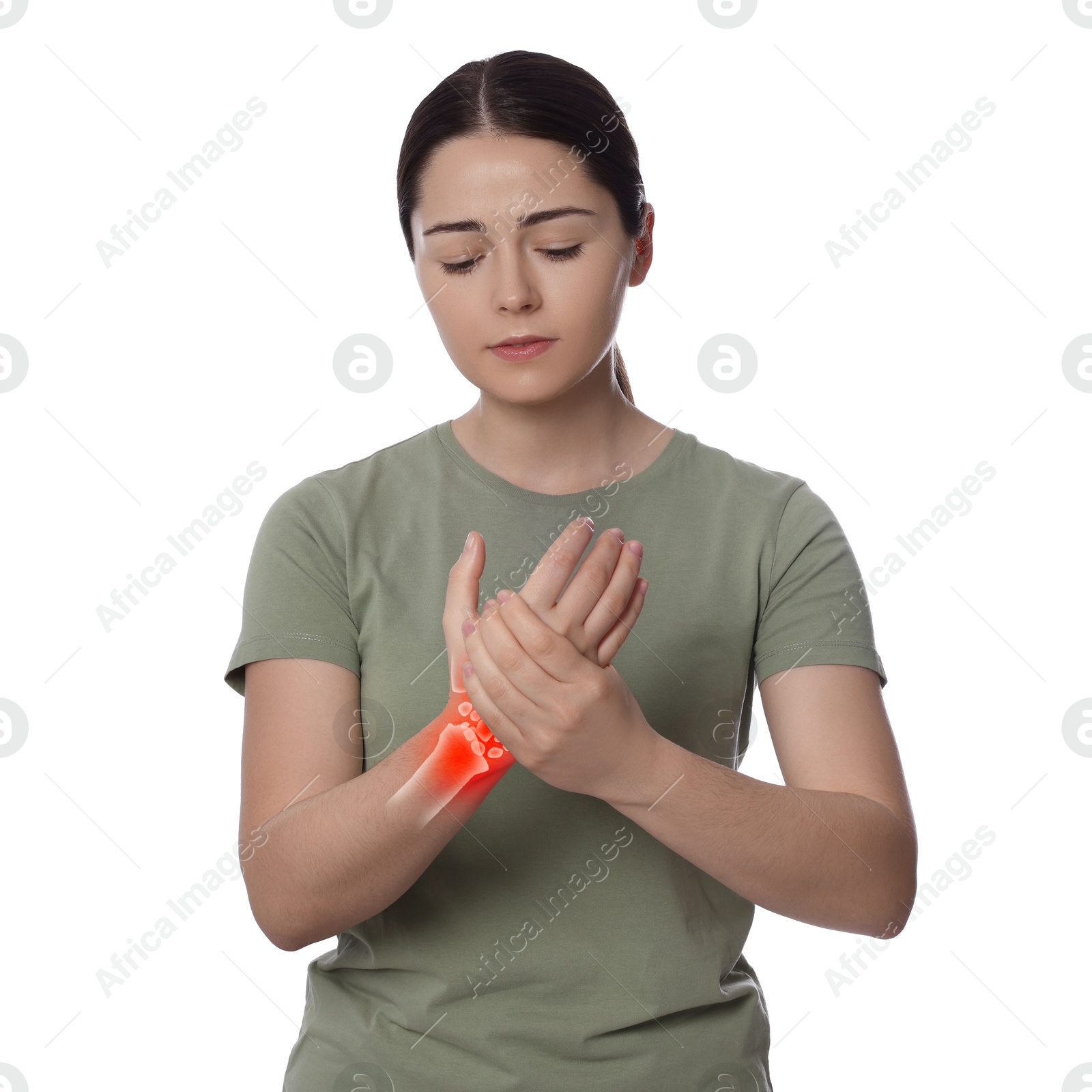 Arthritis. Young woman suffering from pain in hand on white background. Illustration of joint inflammation Image of Arthritis. Young woman suffering from pain in hand on white background. Illustration of joint inflammation