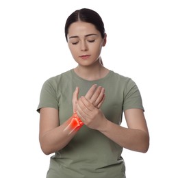 Image of Arthritis. Young woman suffering from pain in hand on white background. Illustration of joint inflammation