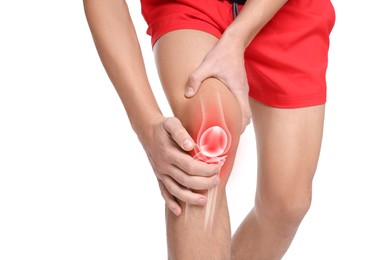 Image of Arthritis. Man suffering from pain in knee on white background, closeup. Illustration of joint inflammation on his leg