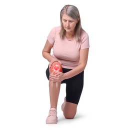 Image of Arthritis. Senior woman suffering from knee pain on white background. Illustration of joint inflammation on her leg