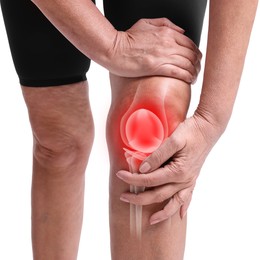 Image of Arthritis. Senior woman suffering from pain in her knee on white background, closeup. Illustration of joint inflammation on her leg