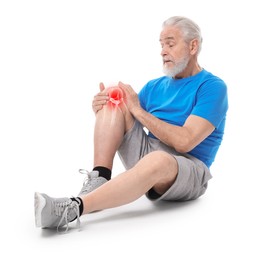 Image of Arthritis. Senior man suffering from knee pain on white background. Illustration of joint inflammation on his leg