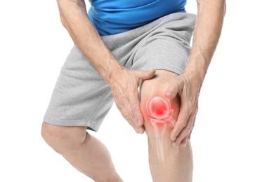 Image of Arthritis. Senior man suffering from knee pain on white background, closeup. Illustration of joint inflammation on his leg