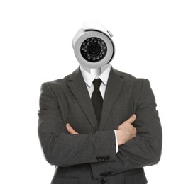 Image of Businessman with CCTV camera instead of his head on white background